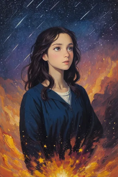 chiaroscuro technique on sensual illustration of an A girl standing under a night sky filled with shooting stars of good fortune. The scene is depicted in the style of an oil painting, with vibrant colors and rich textures. The girl has a dreamy expression...