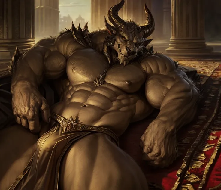 Diablo, loincloth, muscular, palace background, bulge, best art, perfect anatomy, masterpiece, by darkgem,laying, bored,