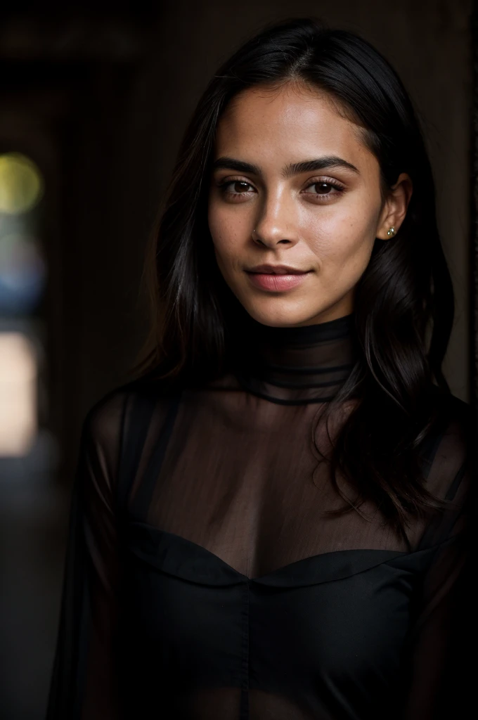 Foto CRU, Foto retrato de rosto bonito de 26 anos bonito.ou mulher, cara linda, Vestido negro, cara feliz, sombras duras, Cinematic shot, dramatic lighting