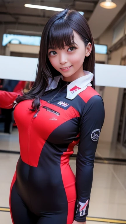 1 girl、Female fighter pilot looking at me、Long black hair、Cute like an idol、Baby Face、she&#39;She&#39;s thin but has big breasts、Female fighter pilot suit with colorful patterns on a red base,Open chest、Anime-style gear、At a military airfield、In front of a...