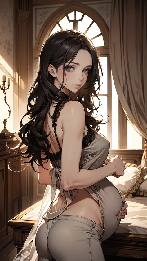 (masterpiece, Best quality, a high resolution, ultra detailed),(beautiful and aesthetically pleasing:1.2), 1 woman, adult woman, black wavy hair, green eyes, tall long tail, Lethargic,  gentle face,(slight smile:0.8) detailed eyes and face, perfect body,  ...