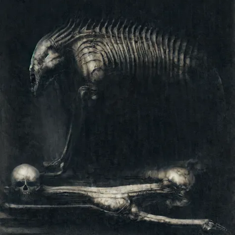 airbrush painting of a being shackled in the void, an alien skeleton, by hrgiger ,by zdzisław beksiński, in style of chrome hear...