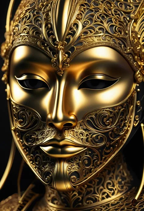 close-up of a gold mask on a black background, gold and black metal, metallic face portrait, abstract 3 d artwork, 3d digital ar...