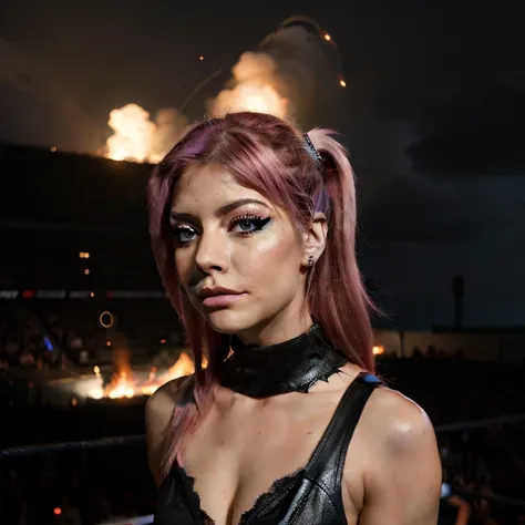 WWE, Alexa Bliss, black make up, in the darkness, flames around, lightnings