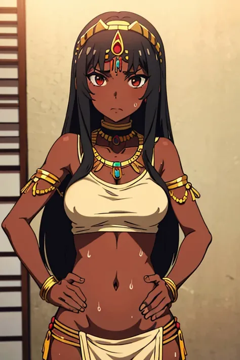 tan skinned anime Cleopatra wearing a revealing top, famished in hunger, (necklace), (gently resting hands on stomach), (sweating), (long black hair), (hands on stomach)