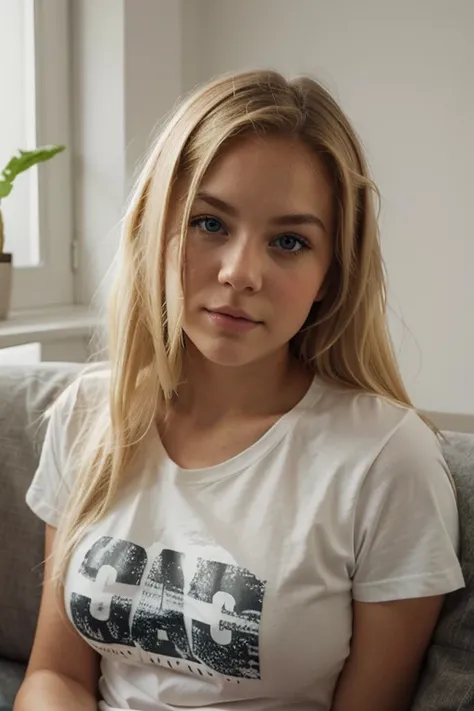 selfie, laying on the couch with a t shirt, young and cute face, chubby, best quality, Meisterwerk, Realistisches Foto, Komplizierte Details, RAW-Foto, Ultra-detailliert, blondes haar, cute face, Cup size B, blondes Haar, perfekte und blaue Augen, HD quali...