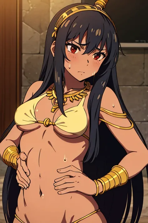 tan skinned anime Cleopatra wearing a triangle top, famished in hunger, (necklace), (gently resting hands on stomach), (sweating), (long black hair), (hands on stomach)