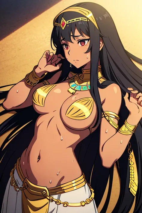 tan skinned anime Cleopatra wearing a triangle top that covers her busts and a long detailed skirt, famished in hunger, (gently resting hands on stomach), (sweating), (long black hair), (hands on stomach)