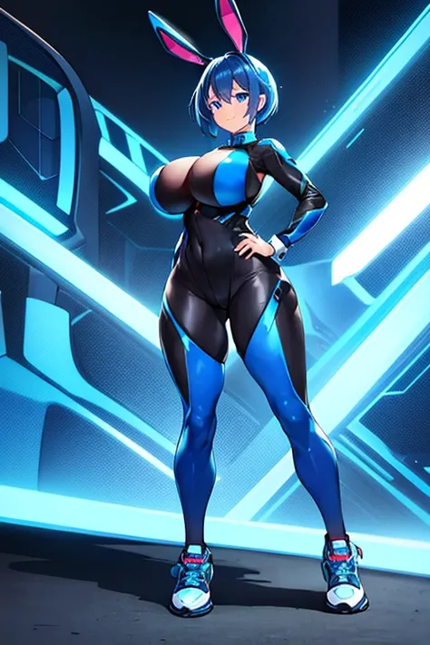 1girl, wide hips, large breasts, blue hair, short hair, very short hair, blue eyes, bodysuit, black bodysuit, futuristic, machinery, science-fiction, tech, shoes, sneakers, neon trim, blue neon trim, full body, bunny ears, rabbit ears, light smile, happy, ...