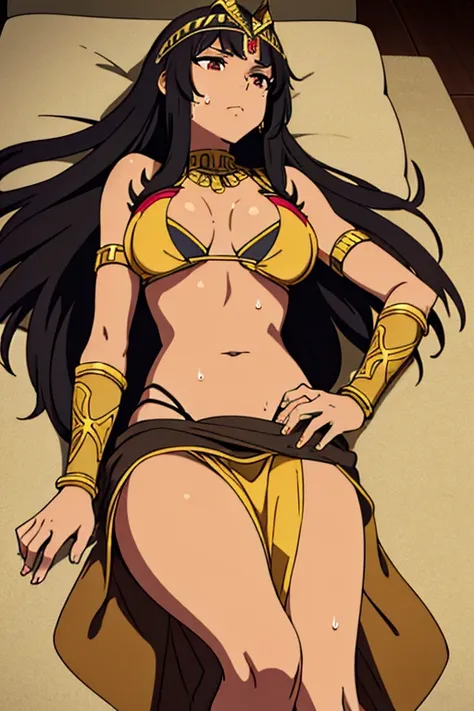 (best quality, masterpiece), brown skinned anime Cleopatra wearing a bikini top and a long detailed skirt, famished in hunger, (gently resting hands on stomach), (sweating), (lying down) (long black hair), (hands on stomach)