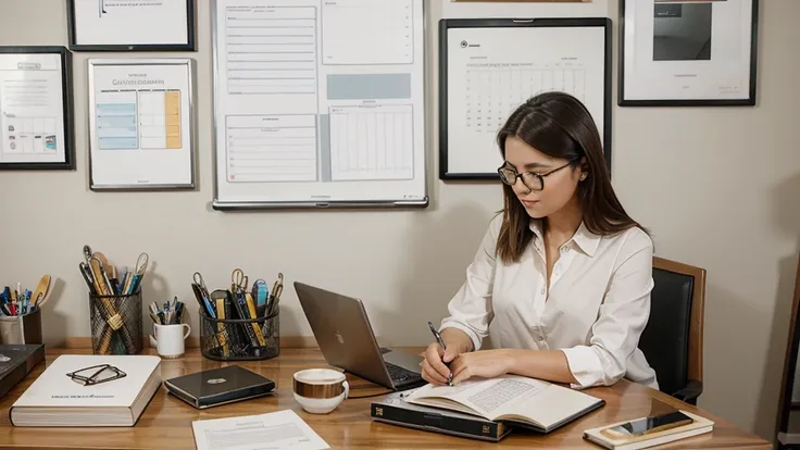 A person sitting at a desk in a home office, surrounded by various productivity tools and personal items that reflect their daily routine, such as a planner, laptop, coffee mug, and inspirational notes on the wall. The scene should convey a sense of focus ...