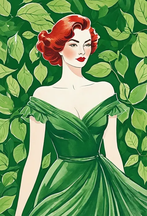 Une illustration magnifiquement dessinée d’une femme aux cheveux rouges, porter une robe verte, and surrounded by green leaves. The woman has a prominent neckline, and her hair is styled&#39;a way that completes your outfit. L&#39;image capture l&#39;éléga...