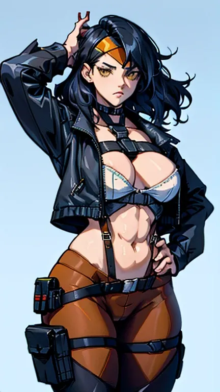 (((Cabelo longo))) black hair yellow eyes pale skin muscular girl huge breasts jacket, holster, gun holster, bondage gear, choker, headband, pantyhose, harness