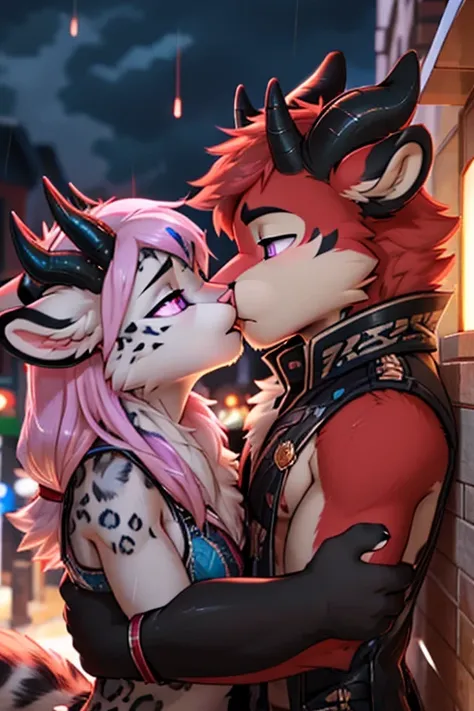 Anthropomorphic male crimson fox, with purple eyes, pink nose, black ears, black sholders, horns, is kissing passionately with a male snow leopard with purple eyes, 4 ears and horns, eyes closed, digital art, duo, side view, outside, under the rain.
