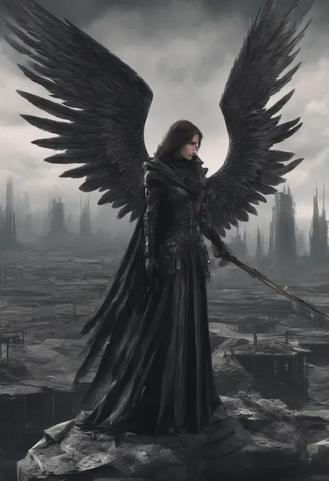 An angel with a burning sword and black wings, who is talking about a burning, utopiache Stadt fliegt.