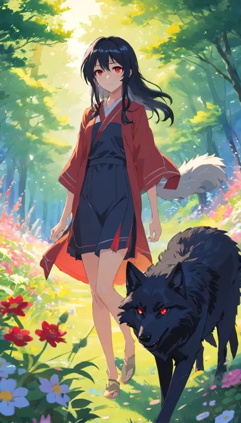 《long black hair, red eyes, werewolf, black wolf ears, black tail, in a picturesque landscape, dripping sunlight, flowers flying, whispering winds of pleasure.》