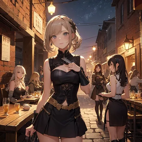 A group of  female medieval fantasy adventurers, (in tavern), various hair styles, harem, night, details face, short skirt, seducing, sleeveless, armor