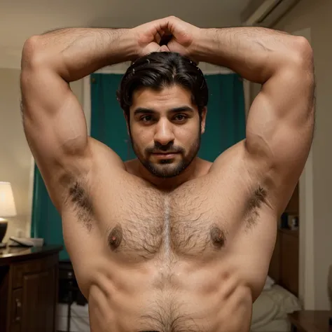 Make a photo of a muscled hairy middle eastern man standing with his arms behind his head, he has hairy chest and armpits 