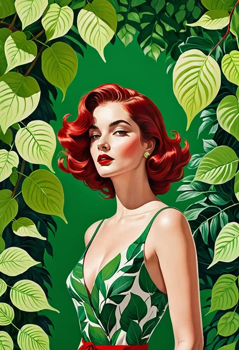 une illustration magnifiquement dessinée d’une femme aux cheveux rouges, porter une robe verte, and surrounded by green leaves. ...