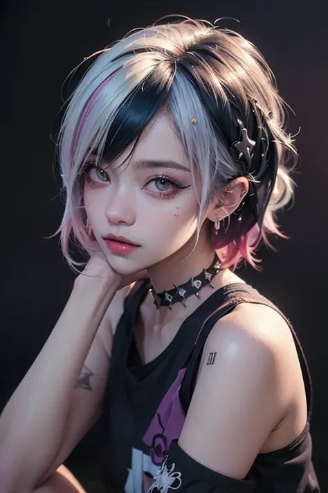 (Punk Girl:1.4), mullet hairstyle, Beautiful eyes with fine symmetry, (Colorful gradient hair:1.5), (Intricate details:1.2), (Highly detailed face and eyes:1.2), No makeup, (dark circles:1.1), midnight aura, urban streets, posing sitting for a photo, side ...