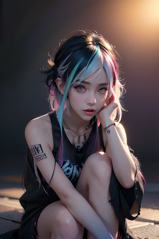 (Punk Girl:1.4), mullet hairstyle, Beautiful eyes with fine symmetry, (Colorful gradient hair:1.5), (Intricate details:1.2), (Highly detailed face and eyes:1.2), No makeup, (dark circles:1.1), midnight aura, urban streets background, posing sitting for a p...