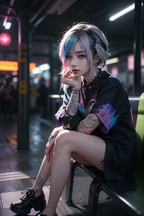 (Punk Girl:1.4), mullet hairstyle, Beautiful eyes with fine symmetry, (Colorful gradient hair:1.5), (Intricate details:1.2), (Highly detailed face and eyes:1.2), No makeup, (dark circles:1.1), midnight aura, train station, detailed background, posing sitti...