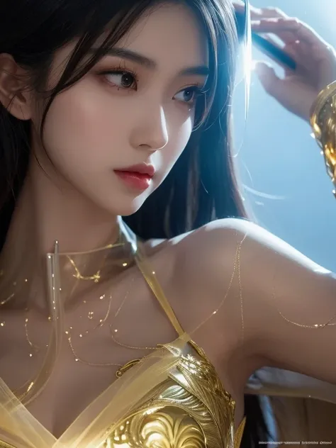 a close up of a gorgeous skinny Chinese woman in a see-through translucent gold dress, chengwei pan on artstation, author：Yang Jie, detailed fantasy art, Stunning character art, Best Art Sites for Fan Art, Epic and beautiful character art, beautiful armor,...