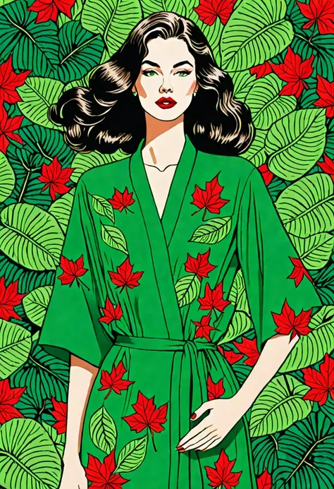 une illustration magnifiquement dessinée d’une femme aux cheveux rouges, porter une robe verte, and surrounded by green leaves. ...