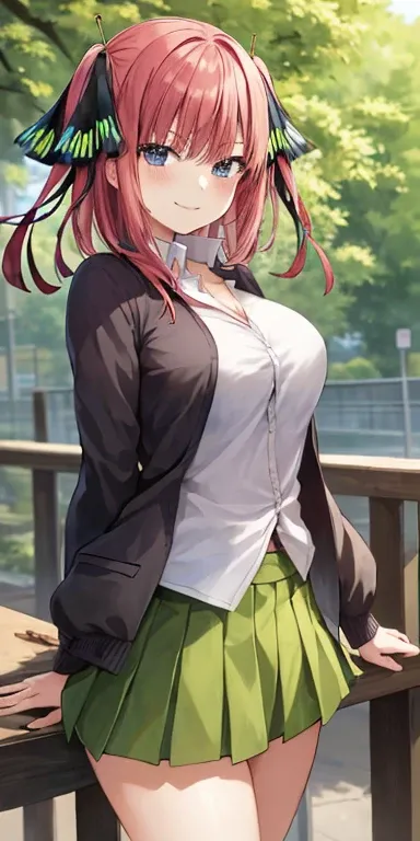 2d, masterpiece, best quality, anime, highly detailed, 1girl, solo, cowboy shot, nakano nino, pink hair, butterfly hair ornament, black cardigan, collared shirt, green skirt, miniskirt, medium breasts, standing, school, outdoors, smile