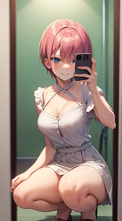 2d, masterpiece, best quality, anime, highly detailed, 1girl, solo, cowboy shot, nakano ichika, pink hair, short hair, squatting, bathroom, smug face:1.3, selfie in mirror:1.4, white dress:1.3, black pantyhose:1.3, medium breasts, medium claverage:1,3,