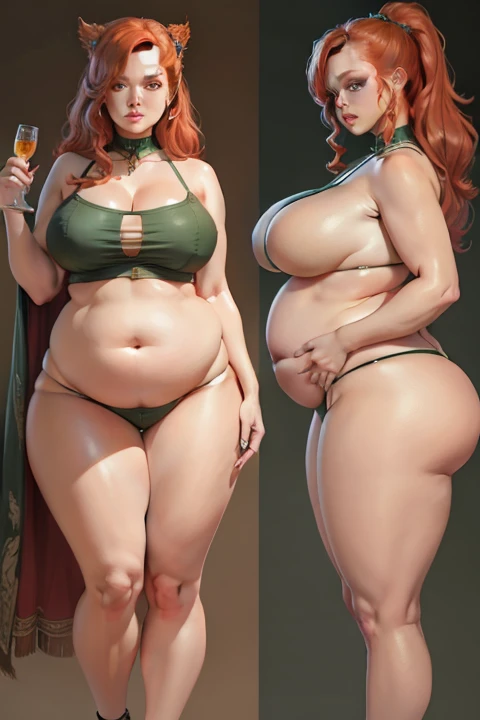 (Detailed), (masterpiece), (beautiful), (highres:4k), Female original character reference sheet adoptable, redhead, green eyes, curvy figure, fat ass, big belly, stomach pudge, moan