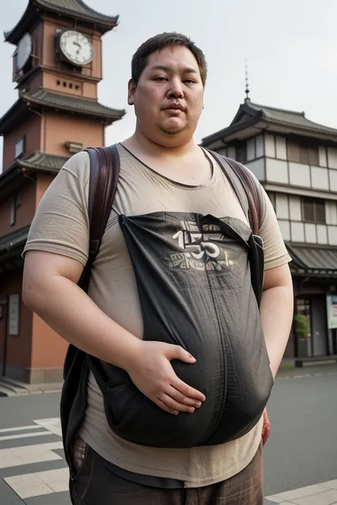 In front of the Nagoya Clock Tower, a 158cm tall man, overweight, wearing dirty clothes, timid, carrying a large shoulder bag