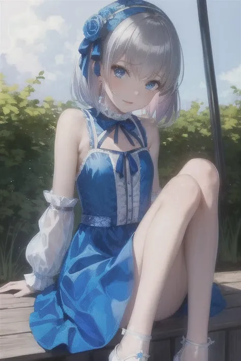 (masterpiece, highest quality,), One Girl, Alone in a blue dress、、blue eyes、Seductive pose、Outdoor