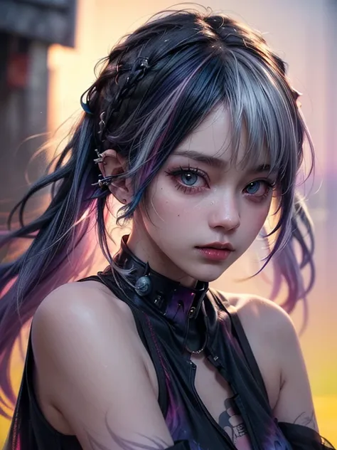 (Punk Girl:1.4), mullet hairstyle, Beautiful eyes with fine symmetry, (Colorful gradient hair:1.5), (Intricate details:1.2), (Highly detailed face and eyes:1.2), showing some leg, No makeup, (dark circles:1.1), midnight aura, old City, detailed background,...