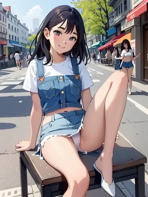 (masterpiece, highest quality), Two Girls, young teen, , (white panties), Spread your legs、smile, blush、eat, Sitting in a street café, Rich cuisine, City Street, blue sky, Vibrant colors, bright, white, watercolor、Denim mini skirt