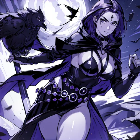 Raven, black leotard, black cape, hood, purple hair, forehead jewel, purple eyes, short hair, belt, skin tight, standing, cleavage, toned, breasts, pose, night, moonlight, ((posing)), motion lines, torso, upper body, portrait, b&w. outline, (solo):2.