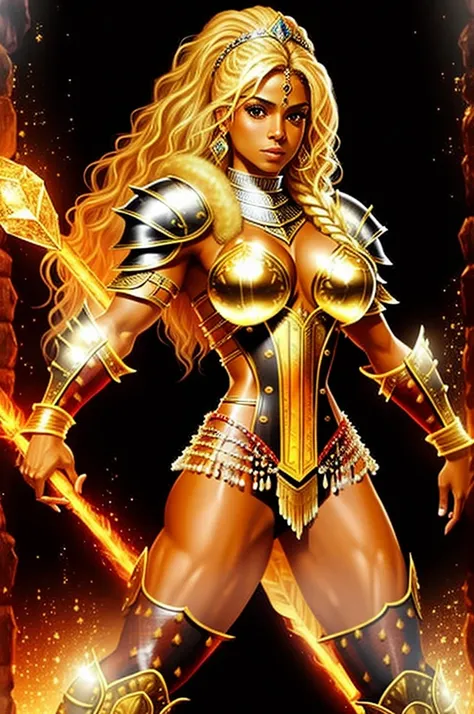 solo, Shakira, tanned, ifbb, indian, tan skinned, barbarian, tan skin, wbff, dancer, warrior, queen, captivating, furs, leathers, transparent glass armor full chestplate, translucent crystal armor tube corset, blonde, leather pants, photorealistic