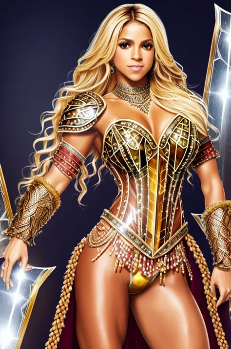 solo, Shakira, tanned, ifbb, indian, tan skinned, barbarian, tan skin, wbff, dancer, warrior, queen, captivating, furs, leathers, transparent glass armor full chestplate, translucent crystal armor tube corset, blonde, leather pants, photorealistic