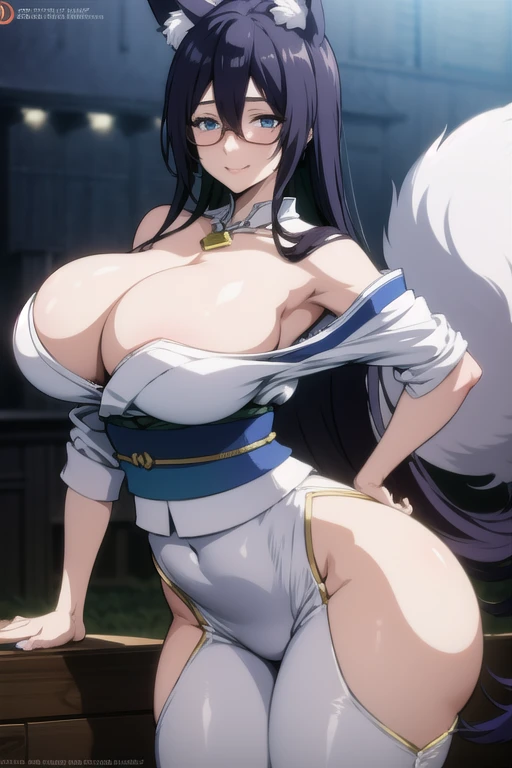 mature women,milf,large breast,beautiful face,long hair, shiny hair, blue eyes,high detailed,black hair, hair over one eye,masterpiece,perfect anatomy,deep cleveage,kimono,fox ears,fox tails,sexy smile,temple night,glasses,