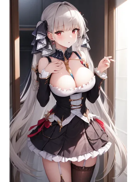 (masterpiece, Best quality1.2),illustration,8k,HD,1 Girl,Solitary,hands up,(portrait:1.2),long_hair,Large target_breast,Red_Eye,Very_long_hair,Bangs,Double tail,ribbon,grey_hair,cleveage,hair_ribbon,Two-color_ribbon,between_breast,Black_skirt,skirt,decorat...