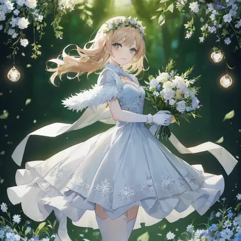 anime girl in a blue dress with flowers and a bouquet,  in dress, cute anime waifu in a nice dress, guweiz on pixiv artstation, high detailed official artwork, a maid in a magical forest, official artwork, guweiz on artstation pixiv, splash art anime , off...