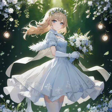 anime girl in a blue dress with flowers and a bouquet,  in dress, cute anime waifu in a nice dress, guweiz on pixiv artstation, high detailed official artwork, a maid in a magical forest, official artwork, guweiz on artstation pixiv, splash art anime , off...