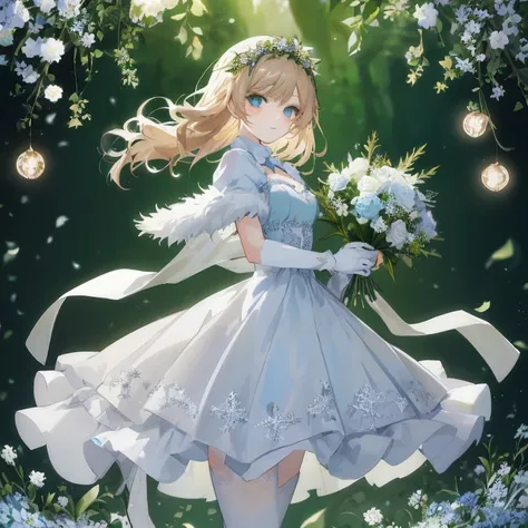 anime girl in a blue dress with flowers and a bouquet,  in dress, cute anime waifu in a nice dress, guweiz on pixiv artstation, high detailed official artwork, a maid in a magical forest, official artwork, guweiz on artstation pixiv, splash art anime , off...