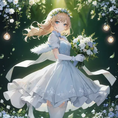 anime girl in a blue dress with flowers and a bouquet,  in dress, cute anime waifu in a nice dress, guweiz on pixiv artstation, high detailed official artwork, a maid in a magical forest, official artwork, guweiz on artstation pixiv, splash art anime , off...