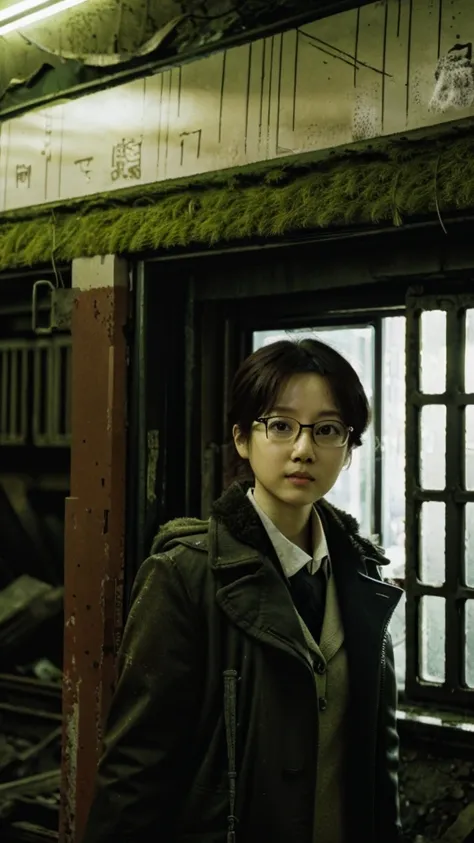 subway,moss,Collapse,Devastation,Inside the ruins,narrow eyes,Showa,Glasses,Women,adventure,Black and White,