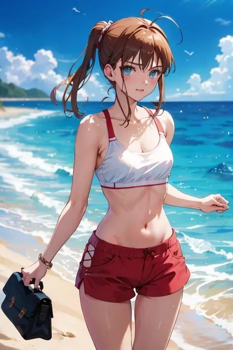 A masterpiece of the highest quality unfolded before me, a realistic depiction of a girl embodying the beauty and grace of Rin Tohsaka from Fate. The sun-kissed scene played out on the sandy beach, with the girl wearing short shorts that accentuated her to...