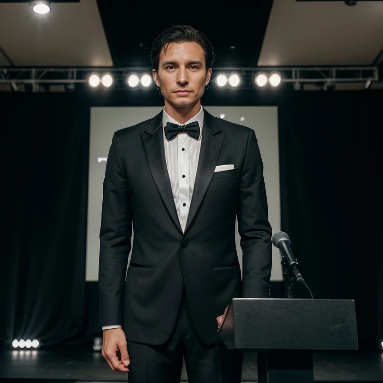 (a)young man,(a)38-year-old man,(formal,tailored,sleek) tuxedo,(on a) stage,(standing behind a) podium,(with a) lectern,(holding a) microphone,(with a) stern expression,(captured by a) Canon camera,(presenting a) passport photo,(vibrant,natural) colors