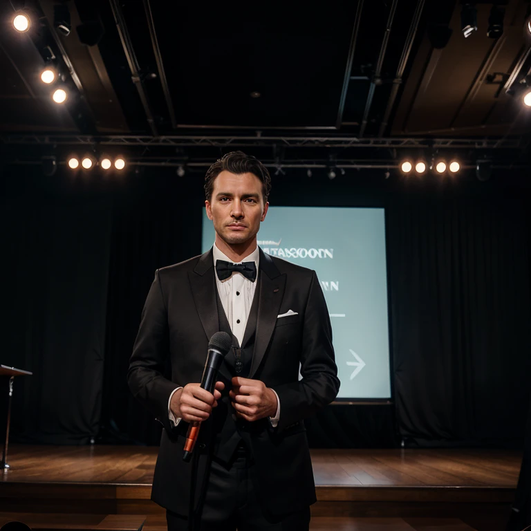 (a)young man,(a)38-year-old man,(formal,tailored,sleek) tuxedo,(on a) stage,(standing behind a) podium,(with a) lectern,(holding a) microphone,(with a) stern expression,(captured by a) Canon camera,(presenting a) passport photo,(vibrant,natural) colors