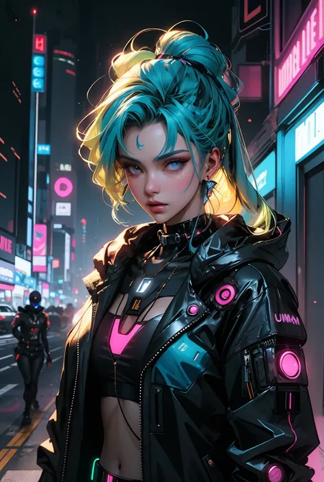 una pintura digital de una mujer con cabello azul real y amarillo, cyberpunk art by Josan Gonzalez, ganador del concurso de comportamiento, afrofuturism, onda sintetizada, neon, glowing neon, pecho enorme