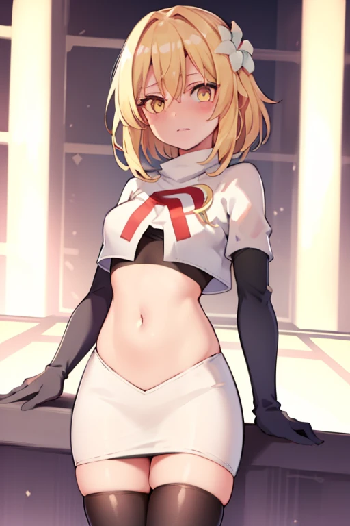 lumine (genshin impact), 1girl,flower,Blond hair,cute,hot,blushed,golden eyes,perfect eyes,expressive eyes, team rocket,team rocket uniform,white skirt,red letter R,crop top,black thigh-highs,black elbow gloves